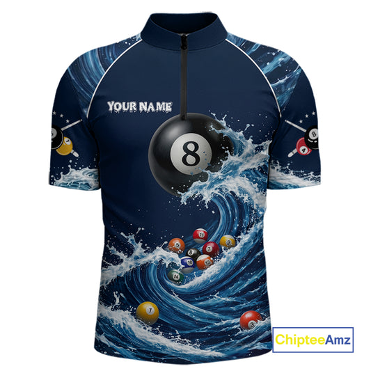 Blue Waving 8 Ball Pool Shirts Custom Billiard Pool Shirts For Men 3D Billiard Team Attire NYN2978