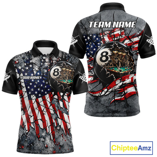 Custom 8 Ball Broken US Flag Billiard Shirt For Men Patriotic Skeleton Pooler Billiards Team Jersey NYN4731