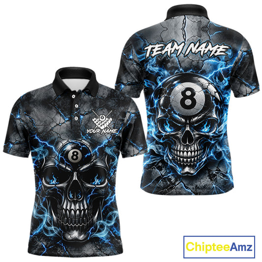 Broken Grunge Skull 8 Ball Pool Billiard Shirt For Men Blue Smokes Billiards 1/4-Zip Polo Jersey NYN4751