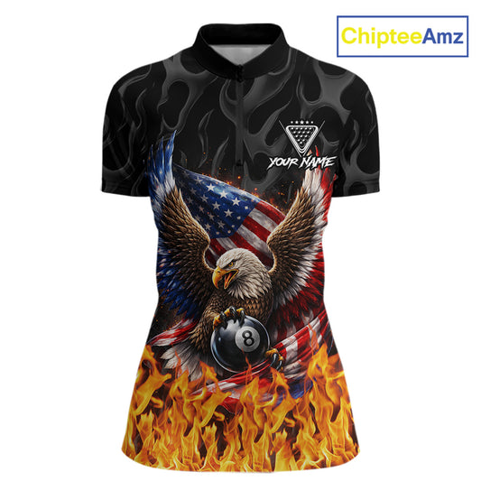 Personalized Fire Flame US Flag Eagle 8 Ball Pool Billiard Shirts For Women Patriotic Billiard Gifts NYN2793