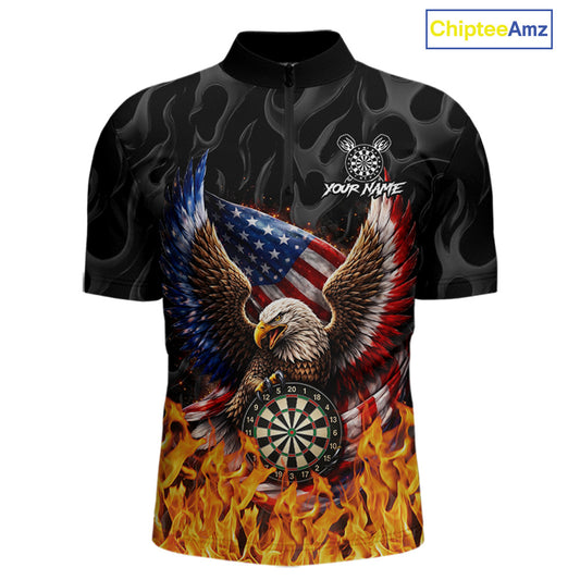 Personalized Fire Flame US Flag Eagle Dart Polo & 1/4-Zip Shirts For Men Patriotic Dart Gifts NYN2795