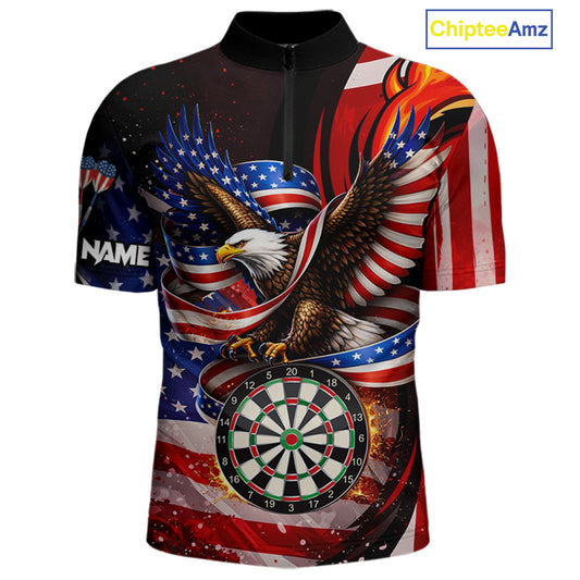 Custom US Flag Funny Eagle Dartboard Darts Men Polo & 1/4-Zip Shirts Patriotic Dart Team Jerseys NYN2805