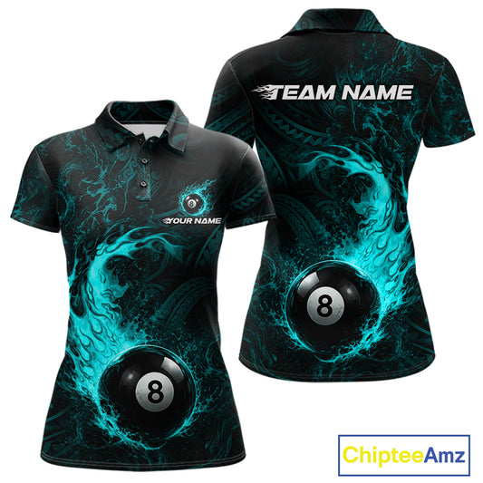 Teal Tribal Pattern Pool Billiard Shirt For Women Custom Flame 8 Ball Billiard League Team Jersey NYN4056
