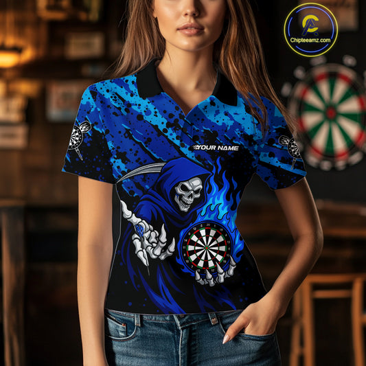 Custom Grim Reaper Blue Flames Dartboard Dart Women Polo Shirt Splatter Grunge Dart Jerseys NYN1631