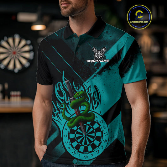 Custom Green Cobra Flames Dartboard Turquoise Grunge Dart Men Polo Jerseys Dart Shirt Gifts NYN1644