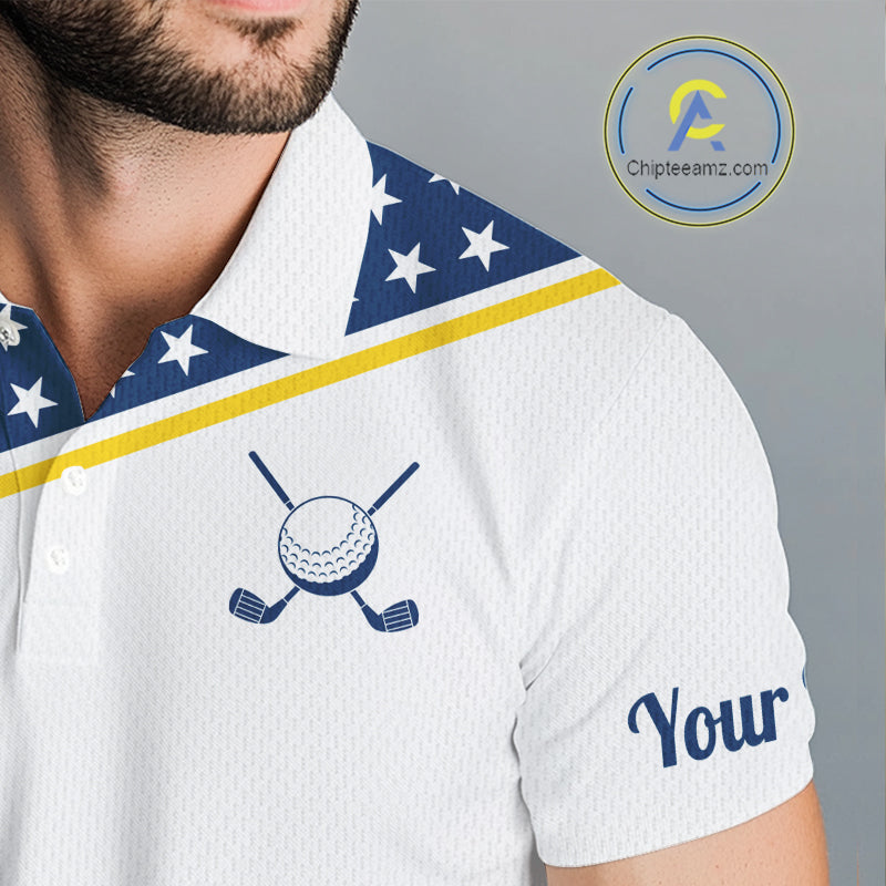 Mens Golf Polo Shirt Custom US Flag Yellow Navy Golf Shirt Patriotic Polo Team Clothing Attire NYN4450