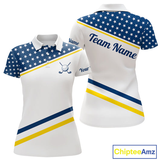 Women Golf Polo Shirt Custom US Flag Yellow Navy Golf Shirt Patriotic Polo Team Clothing Attire NYN4450