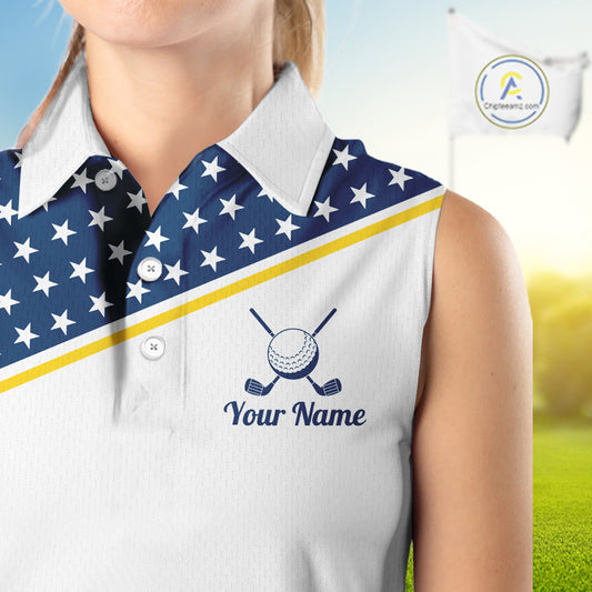 Women Golf Sleeveless Polo Shirt Custom US Flag Yellow Navy Golf Shirt Patriotic Team Clothing Attire NYN4450