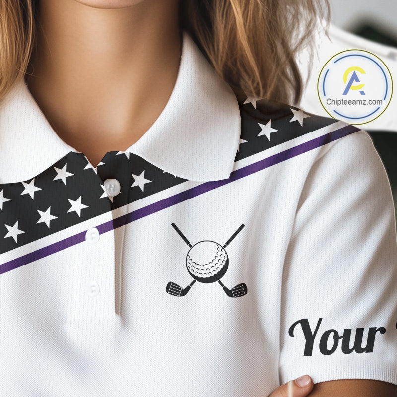 Women Golf Polo Shirt Custom US Flag Black Purple Golf Shirt Patriotic Polo Team Clothing Attire NYN4451