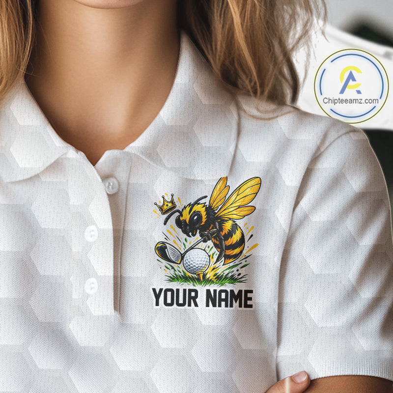 Custom Women Golf Polo Shirt With Name Yellow Bee Golfer Hexagon Honeycomb Golf Tournament Jersey NYN4457