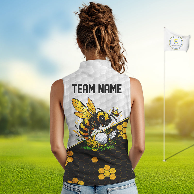 Custom Women Golf Sleeveless Polo Shirt With Name Yellow Bee Golfer Hexagon Honeycomb Golf Tournament Jersey NYN4457