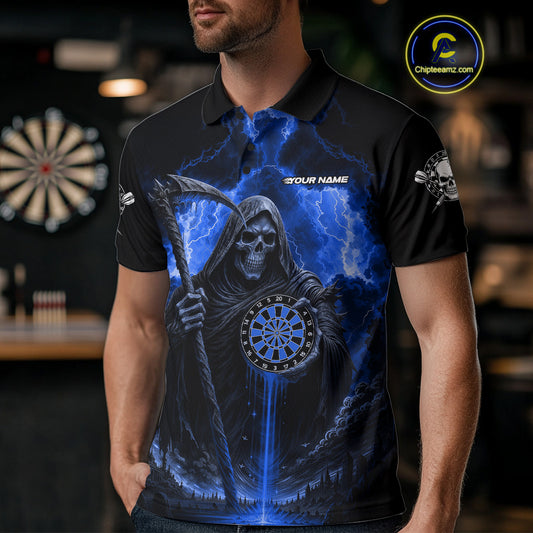Custom Lightning Blue Grim Reaper Dartboard Dart Polo Shirt For Men Dart Team Jerseys NYN1419