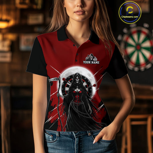Black And Red Grim Reaper Moon Dartboard Custom Women Darts Quarter-Zip Shirt Gothic Dart Jerseys NYN1947