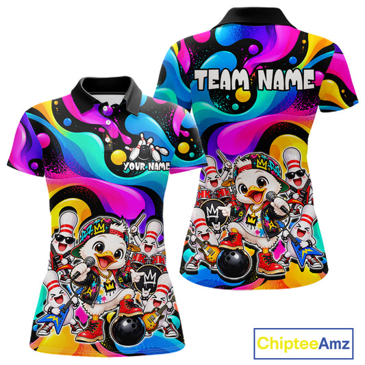 Custom Funny Hiphop Duck Bank Bowling Polo 1/4-Zip Shirt For Women Colorful Bowling Team Jersey NYN4861