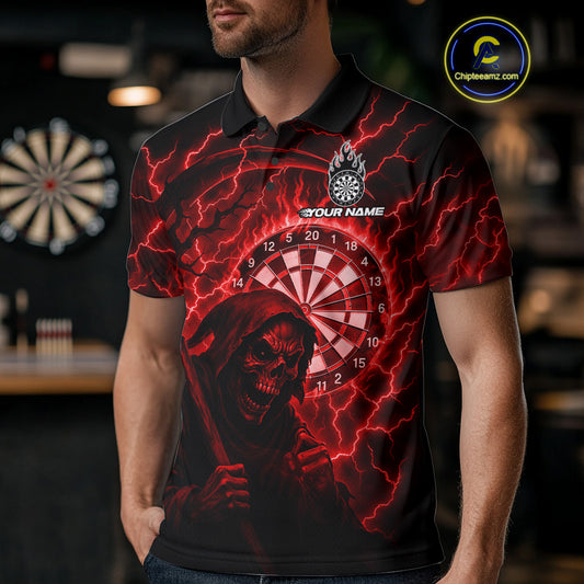 Custom Lightning Red Grim Reaper Men Dart Polo Shirt Flames Dart Tournament Jersey NYN1448
