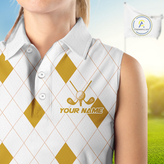 Yellow Argyle Women Golf Sleeveless Polo Shirt Custom Name Personalized Plaid Argyle Golf Shirt For Golfer NYN4539