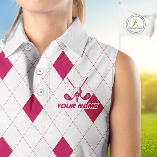 Pink Argyle Women Golf Sleeveless Polo Shirt Custom Name Personalized Plaid Argyle Golf Shirt For Golfer NYN4540