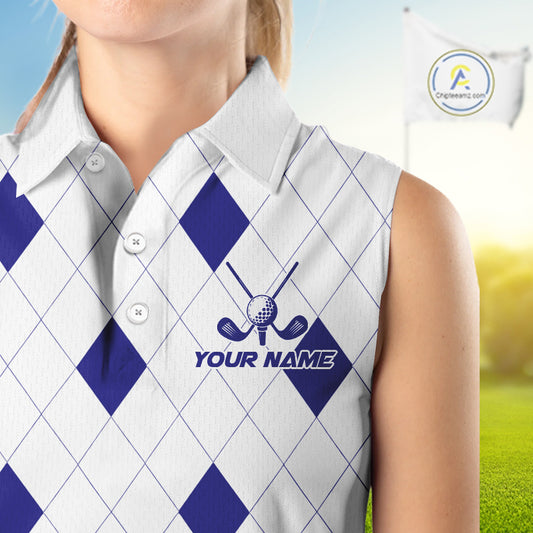 Navy Argyle Women Golf Sleeveless Polo Shirt Custom Name Personalized Plaid Argyle Golf Shirt For Golfer NYN4541