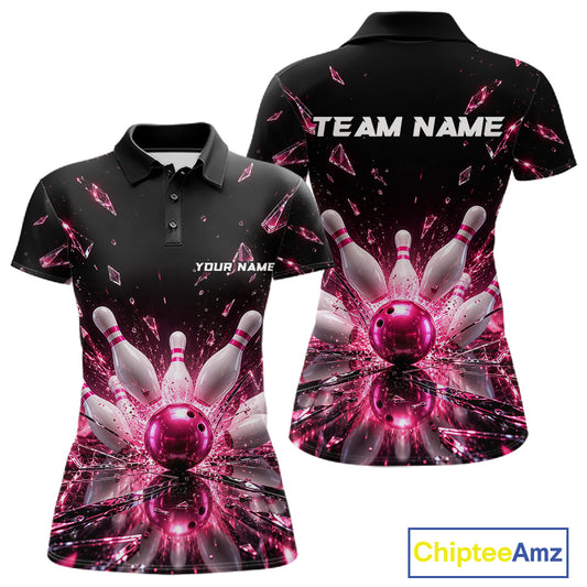 Custom Pink Shattered Broken Glass Bowling Shirt For Women Crystal Strike Bowling Team Bowling League NYN4542