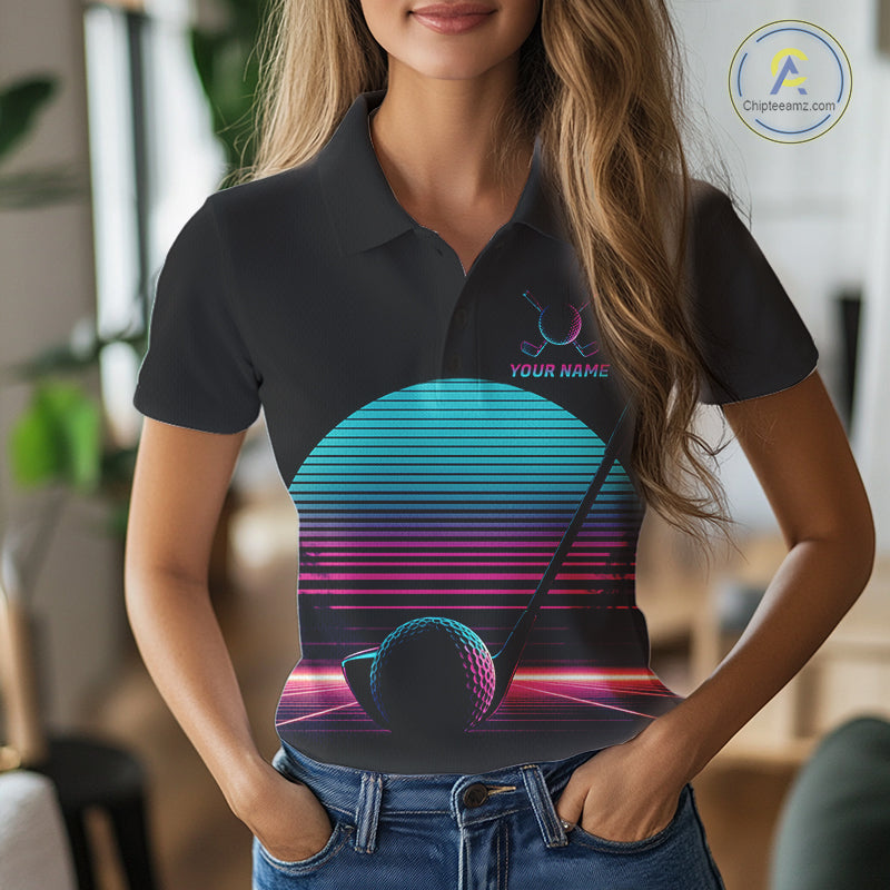 Personalized Cyberpunk Neon Women Golf Polo Shirt Custom Retro 80S Sunset Golfer Team Apparel NYN4928