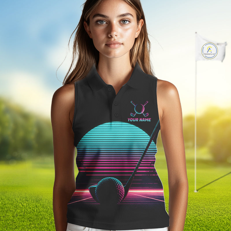 Personalized Cyberpunk Neon Women Golf Sleeveless Polo Shirt Custom Retro 80S Sunset Golfer Team Apparel NYN4928