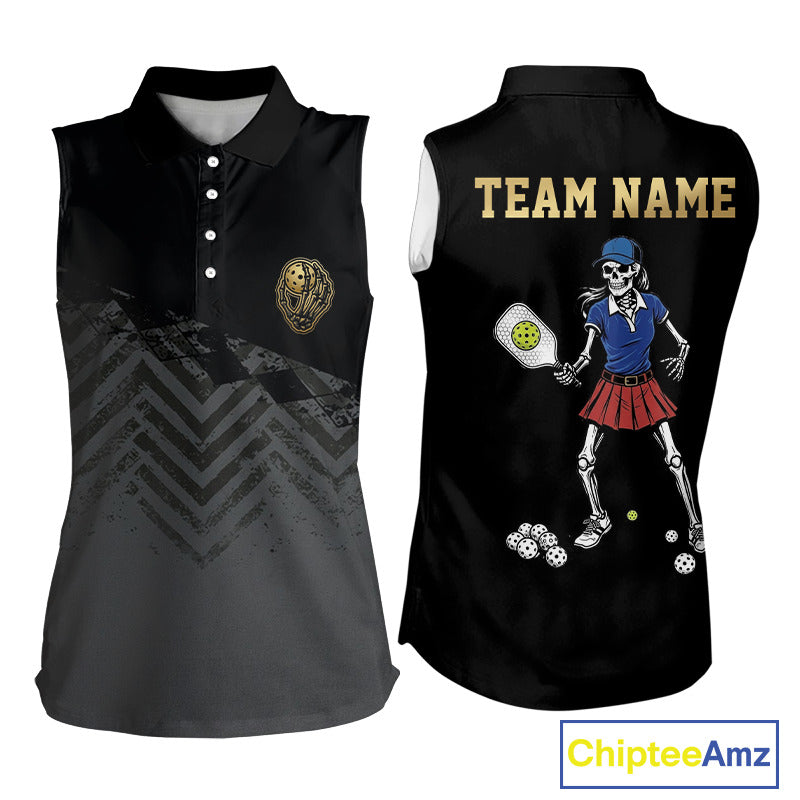 Custom Grey Grunge Womens Pickleball Ball League Jerseys Skeleton Plays Pickleball Sleeveless Polo NYN3107