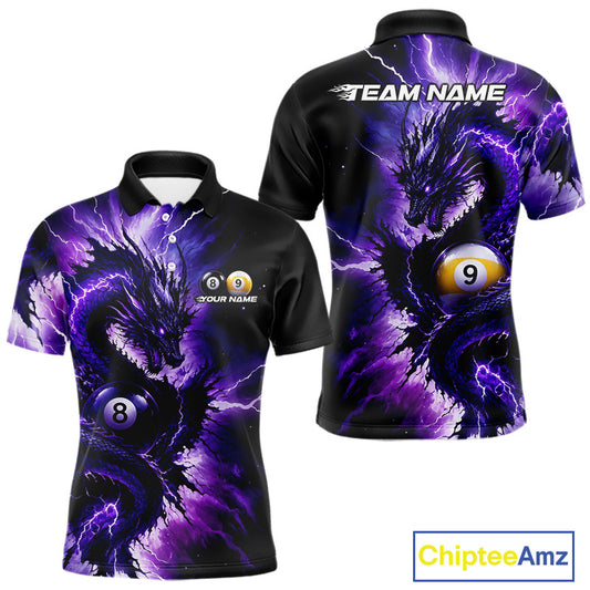Thunder Lightning Dragon men's billiard polo shirt, purple pool team jersey, custom 8 ball 9 ball billiard apparel