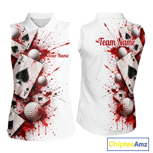 White & Red Poker Womens Golf Sleeveless Polo Shirt Custom Name Splatter Poker Golf Top For Team, Golfer Gifts NYN4158