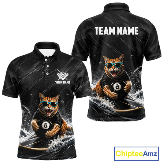 Funny Cat Surfing men's billiard polo shirt, black grunge pool team jersey, custom 8 ball billiards apparel, funny pool shirt