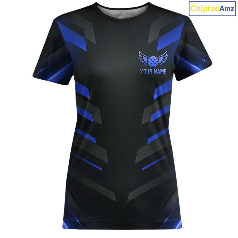 Custom Blue & Black Lightning Women's Pickleball T-Shirt, Personalized Team Shirt, Paddle Tournament Apparel, Athletic Performance Tee, Confidence & Victory