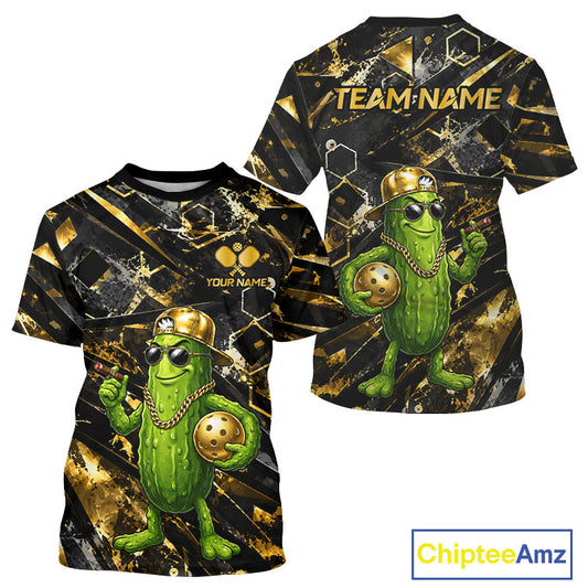 Custom Gold And Black Retro Funny Pickleball T-Shirt For Men, Cool Pickle Outfits Pickleball Shirt NYN3859