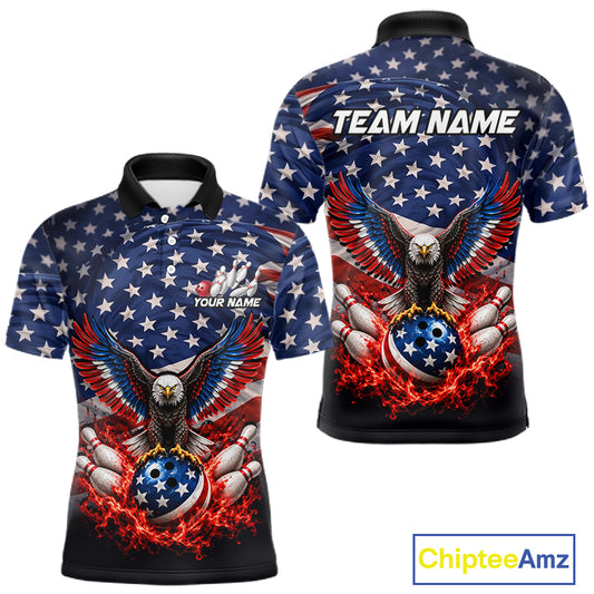 Personalized US Flag Eagle Bowling Polo 1/4-Zip Shirt For Men Custom Name Patriotic Bowling Team Jersey NYN4602