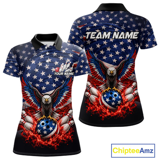 Personalized US Flag Eagle Bowling Polo 1/4-Zip Shirt For Women Custom Name Patriotic Bowling Team Jersey NYN4602