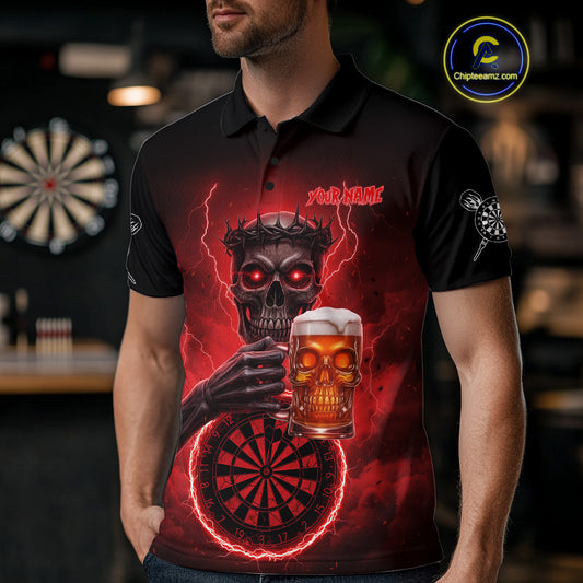 Custom Funny Skull And Beer Lightning Red Dartboard Dart Men Polo Jerseys Dart Team Shirts NYN1755