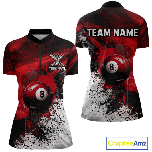 Red Grey Splatter Paint Pool 8 Ball 3D Billiard Shirt For Women Personalized Billiard Attire Gifts NYN2567