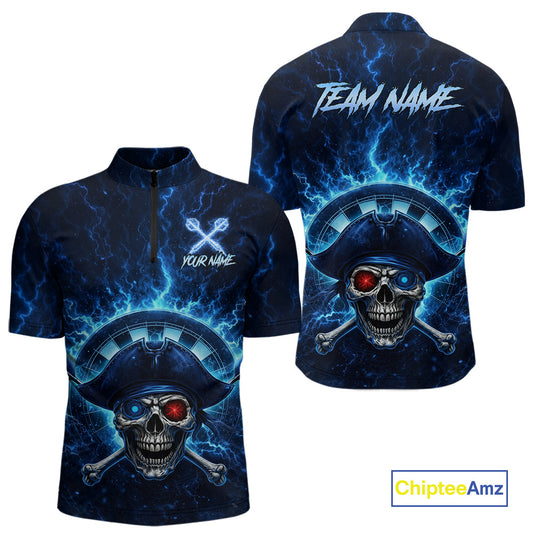 Blue Dartboard & Arrow Fire Flame Pirate Dart Quarter-Zip Shirts For Men Custom Dart Team Jerseys NYN2726