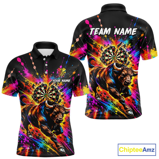 Custom Bull Dart Polo 1/4-Zip Shirt For Men Colorful Splatter Cracked Dartboard Dart Team Tournament NYN4664