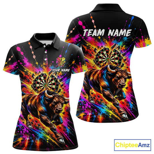 Custom Bull Dart Polo 1/4-Zip Shirt For Women Colorful Splatter Cracked Dartboard Dart Team Tournament NYN4664