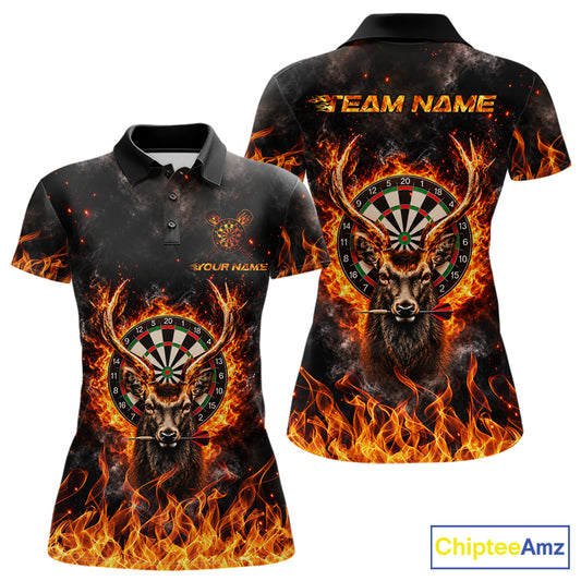 Orange Flaming Deer Dart Polo 1/4-Zip Shirt For Women Personalized Fire Flame Deer Darts Team Tournament NYN4667