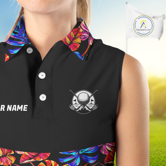 Custom Neon Monstera Golf Sleeveless Polo Shirt For Women Floral Tropical Golf Apparel, Gift For Golfer NYN4676