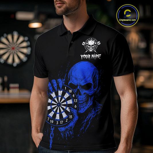 Custom Men's Dart Polo Shirt With Blue Blood Skull Holding Dartboard, Darts Jersey NYN1795