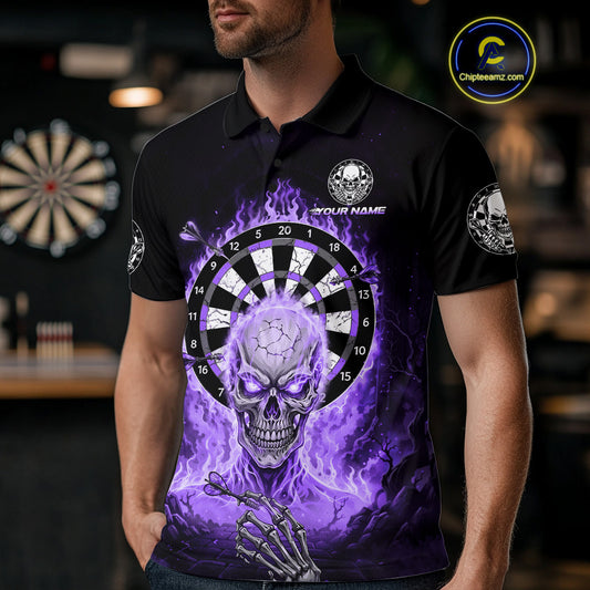Black Purple Flaming Skeleton Darts Custom Men's Dart Polo Shirts Team Dart League Jerseys NYN2074