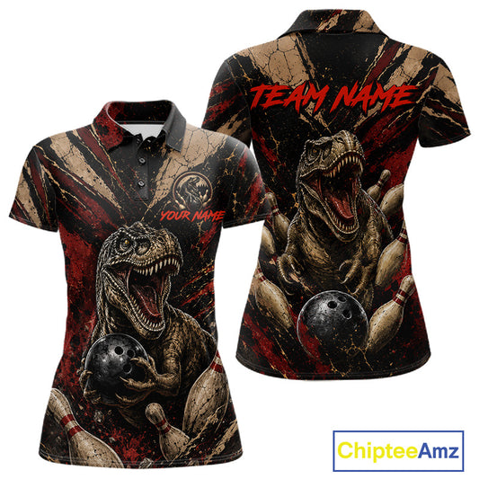 Funny dinosaur retro women's bowling polo, red grunge bowling shirt, personalized bowling team jersey, custom league apparel