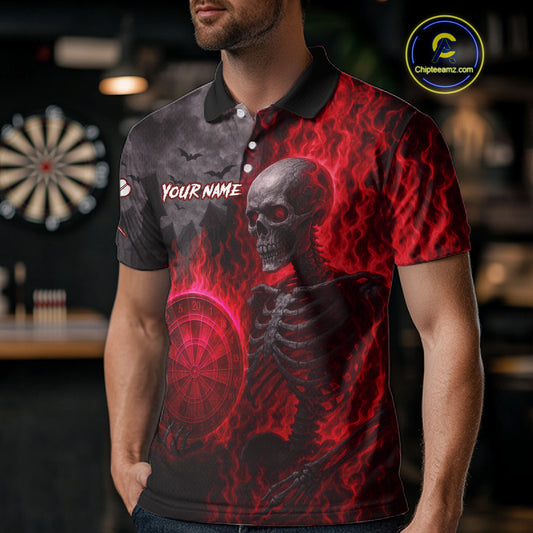 Custom Grey And Red Flames Dartboard Skeleton Dart Men Polo Shirt Dart Team Jerseys NYN1629