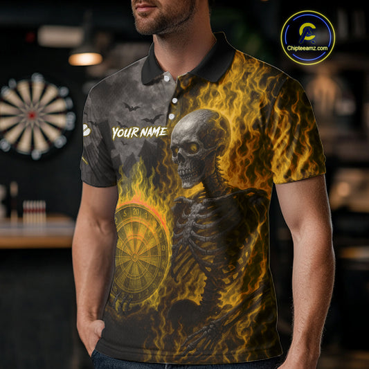 Custom Grey And Yellow Flames Dartboard Skeleton Dart Men Polo Shirt Dart Team Jerseys NYN1630