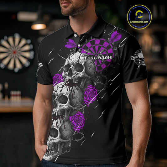 Custom Purple Roses Blood Dripping Skull Dartboard Men Darts Polo Shirt Dart Jerseys NYN1928