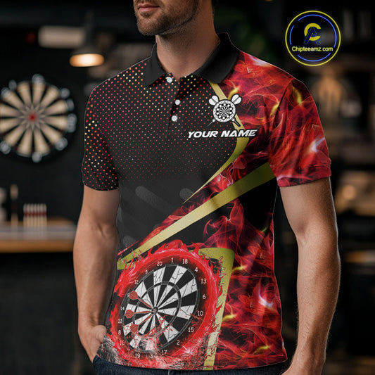 Custom Red Flames Dragon Dartboard Halftone Dart Men Polo Jerseys Gold Dart Team Shirt NYN1692