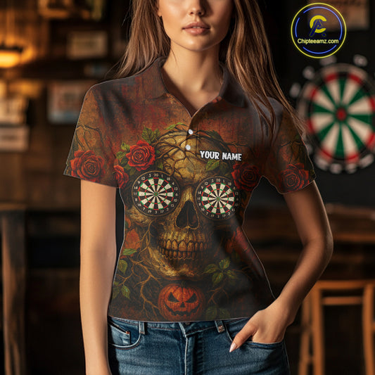 Custom Red Roses Skull Halloween Dart Polo Shirt For Women Grunge Dart Team Jersey NYN1474
