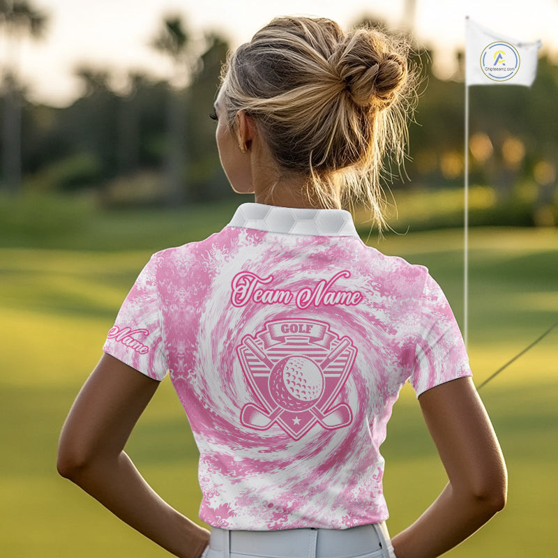Womens Golf Polo Shirts Pink Tie Dye Pattern Custom White Golf Ball Golf Top Shirt For Ladies NYN2908