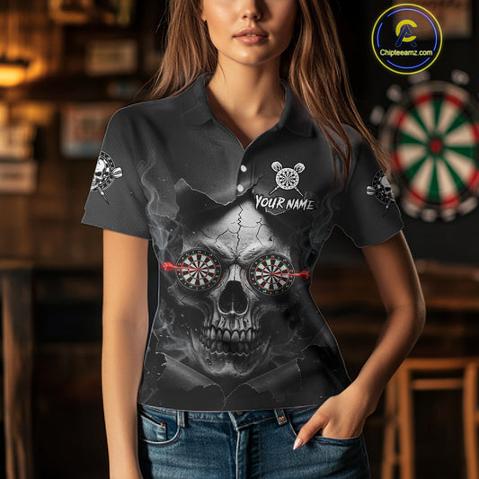 Black Smokes Skull Torn Grunge Dartboard Custom Women Polo Darts Shirt Dart Jersey NYN2012